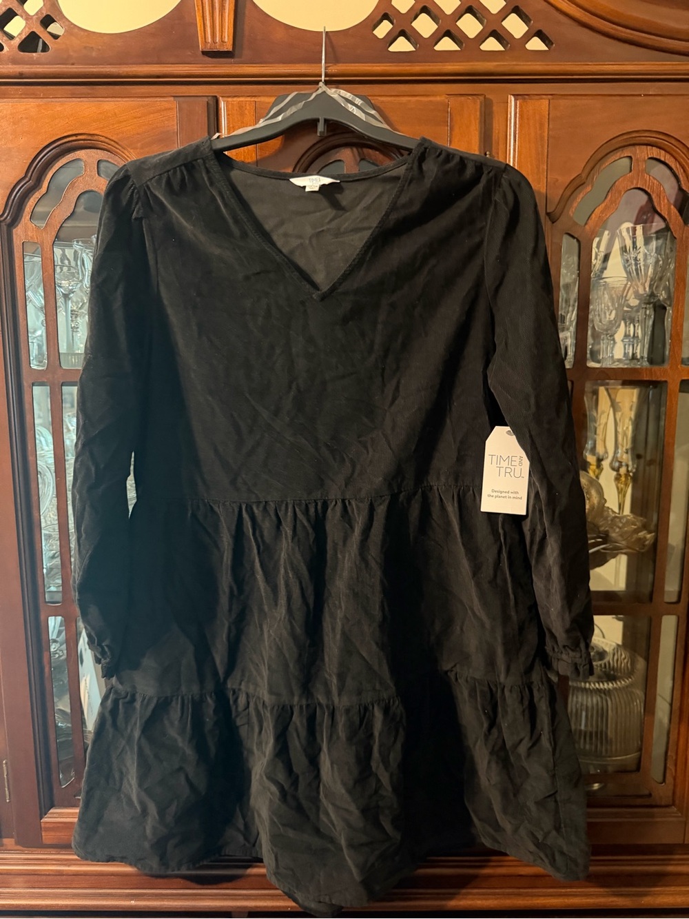 Black Tiered V-Neck Women's Corduroy Dress